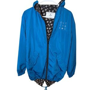 Dutch Bros Coffee Blue Windbreaker Rain Jacket Hooded Fishtail Hem Mens Small S